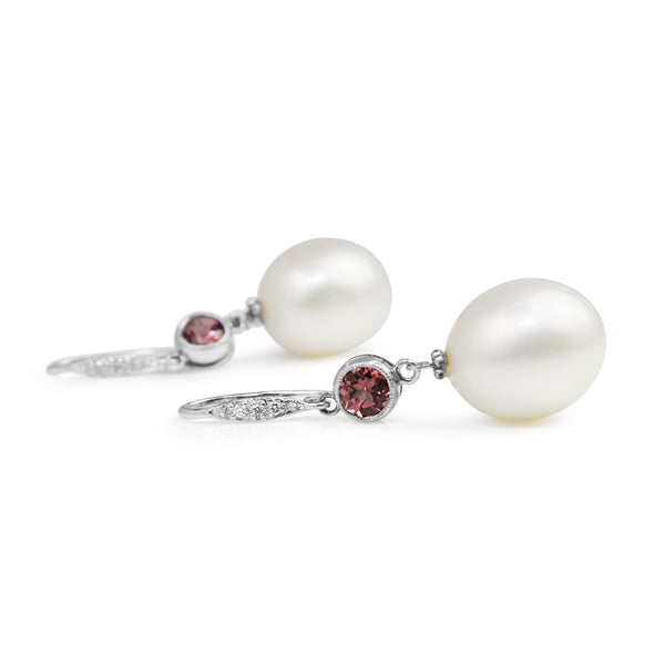 14ct White Gold Pink Topaz, Diamond and 10mm Fresh Water Pearl Earrings