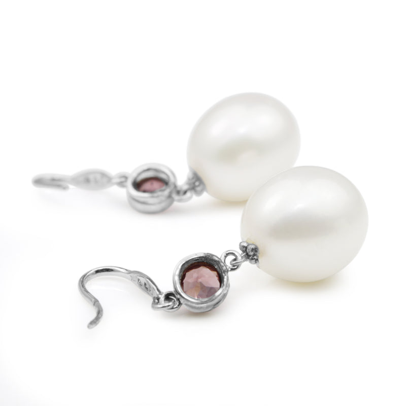 14ct White Gold Pink Topaz, Diamond and 10mm Fresh Water Pearl Earrings