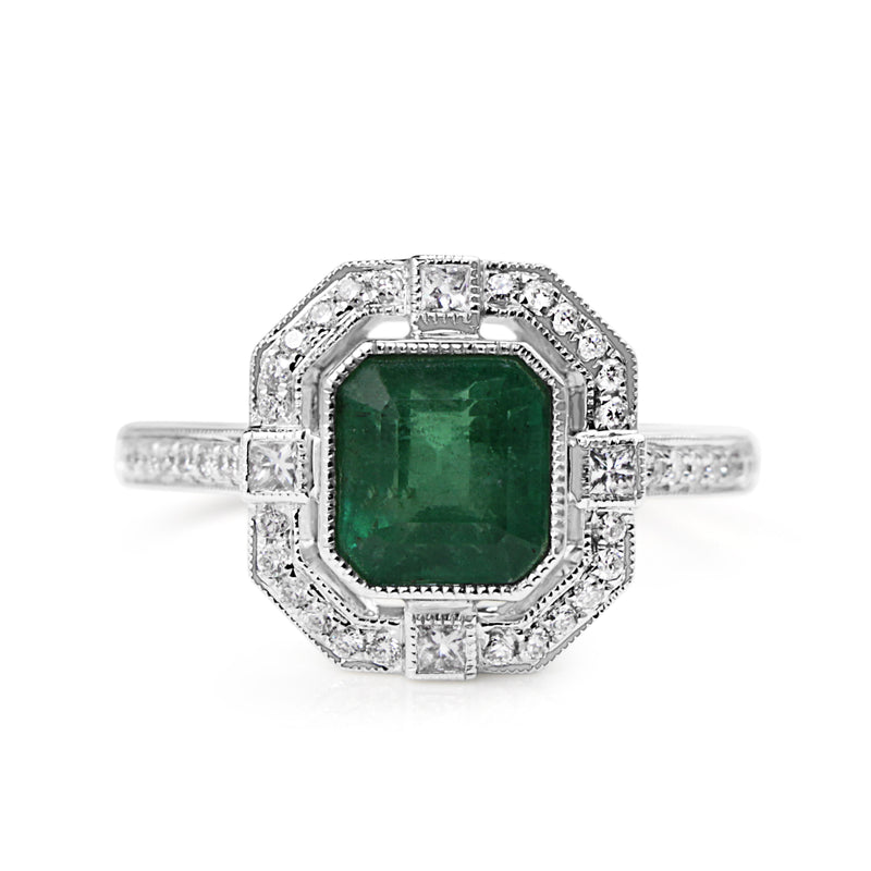 18ct White Gold Emerald and Diamond Deco Style Halo Ring