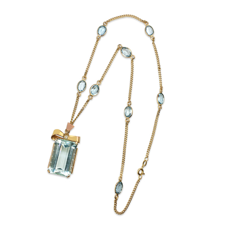 18ct Yellow Gold Vintage Aquamarine and Diamond Bow Pendant on Topaz Chain Necklace