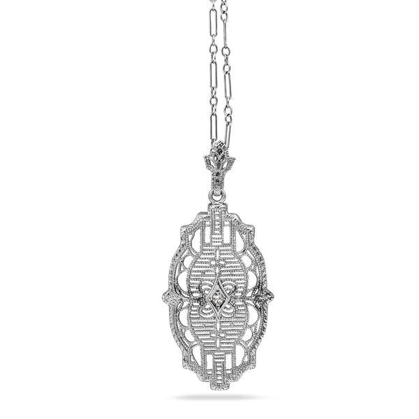 10ct White Gold Filigree Art Deco Diamond Necklace