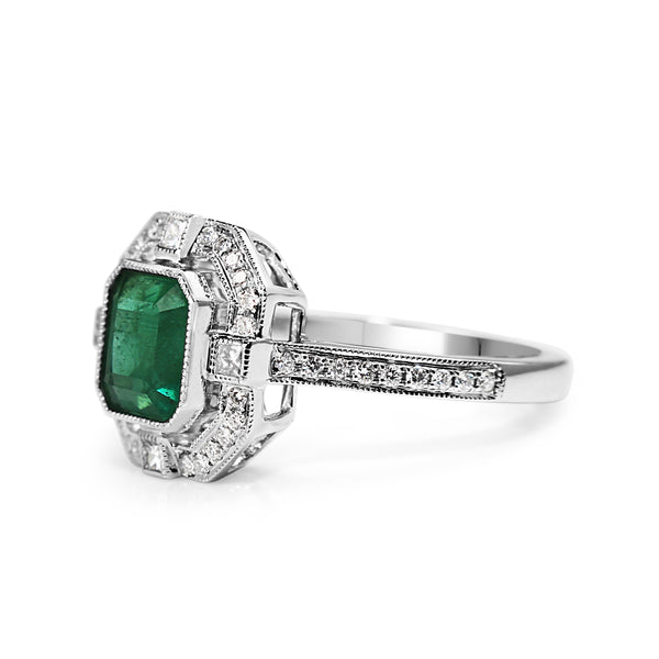 18ct White Gold Emerald and Diamond Deco Style Halo Ring
