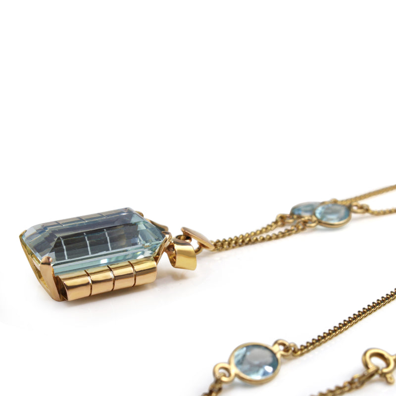 18ct Yellow Gold Vintage Aquamarine and Diamond Bow Pendant on Topaz Chain Necklace