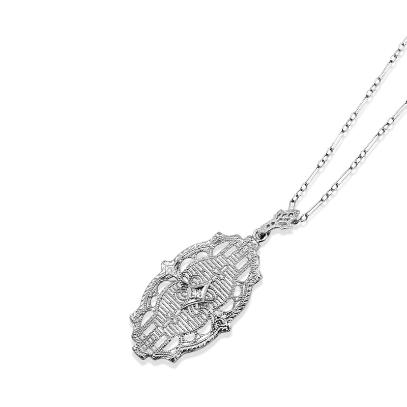 10ct White Gold Filigree Art Deco Diamond Necklace