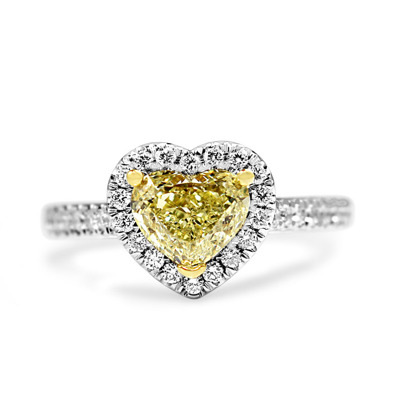 18ct Yellow and White Gold Yellow Heart Diamond Halo Ring