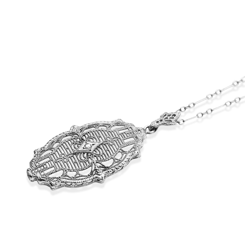 10ct White Gold Filigree Art Deco Diamond Necklace