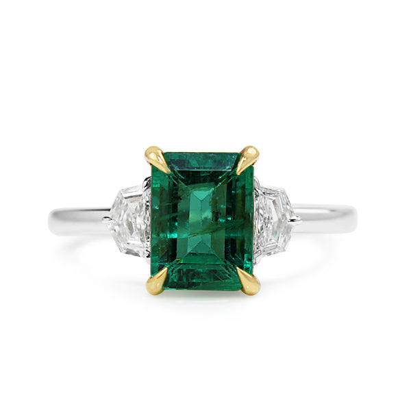 18ct Yellow and White Gold Emerald and Diamond 3 Stone Ring