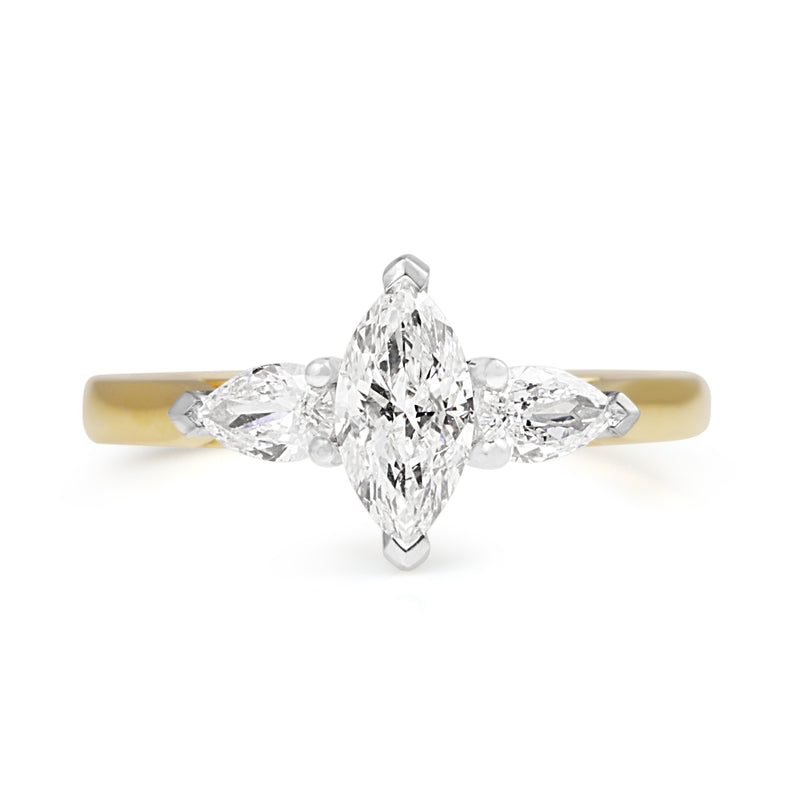 18ct Yellow and White Gold Marquise and Pear 3 Stone Diamond Ring