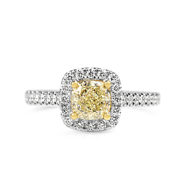 18ct Yellow and White Gold Cushion Yellow Diamond Halo Ring