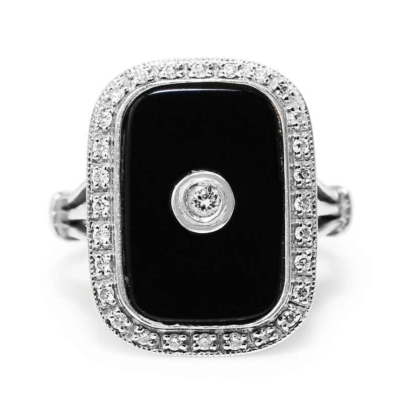 9ct White Gold Onyx and Diamond Ring