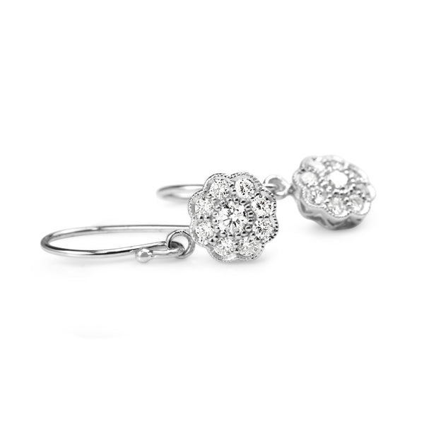 9ct White Gold Diamond Daisy Flower Drop Earrings