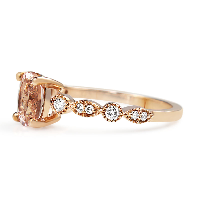 9ct Rose Gold Vintage Style Morganite and Diamond Solitaire Ring