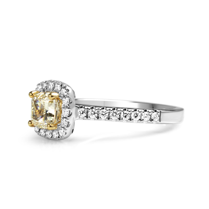 18ct Yellow and White Gold Cushion Yellow Diamond Halo Ring
