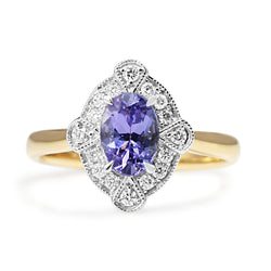 9ct Yellow and White Gold Deco Style Tanzanite and Diamond Halo Ring
