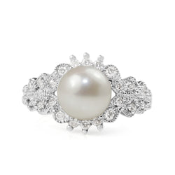 14ct White Gold Cultured Pearl and Diamond Ring