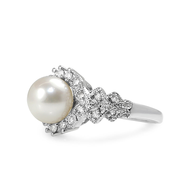 14ct White Gold Cultured Pearl and Diamond Ring