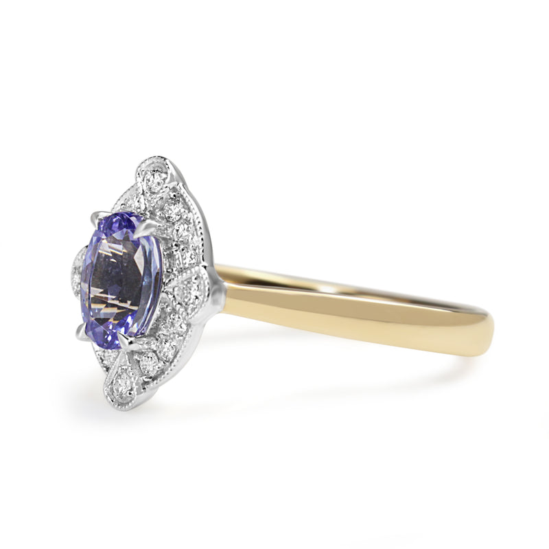 9ct Yellow and White Gold Deco Style Tanzanite and Diamond Halo Ring