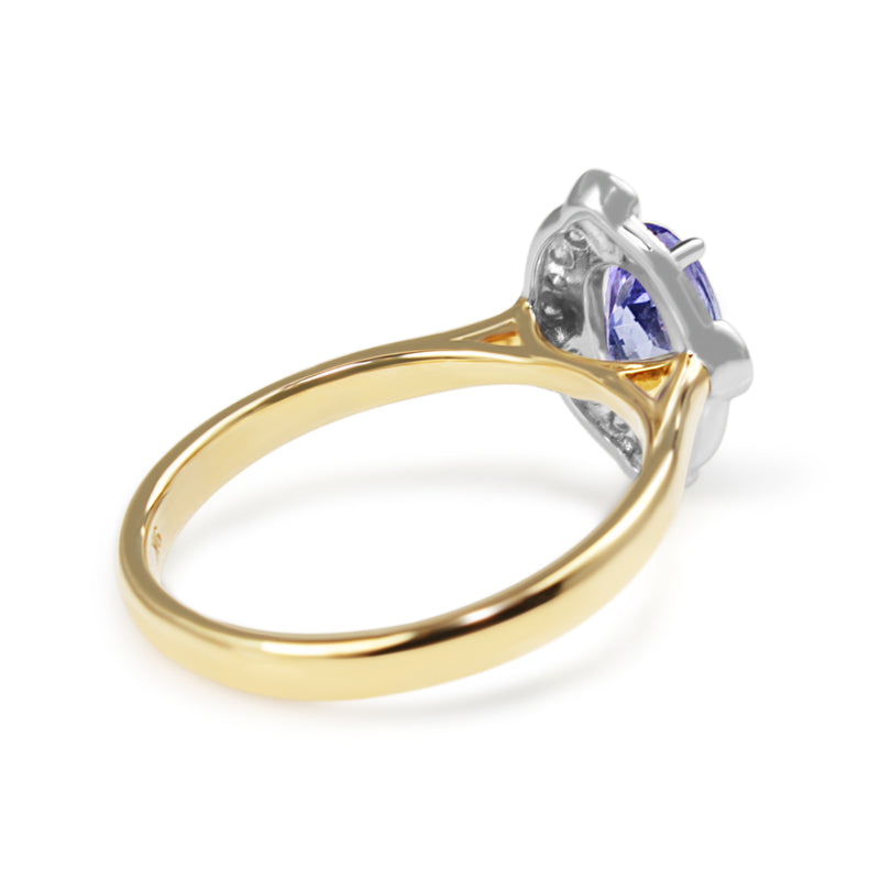 9ct Yellow and White Gold Deco Style Tanzanite and Diamond Halo Ring