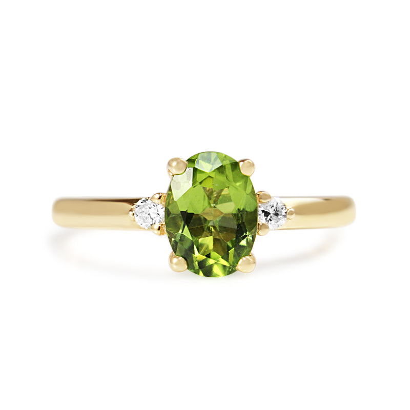 9ct Yellow Gold Peridot and Diamond 3 Stone Ring