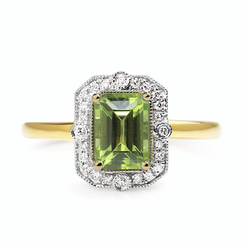 9ct Yellow and White Gold Deco Style Peridot and Diamond Halo Ring