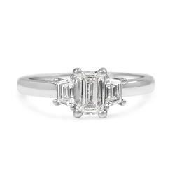 18ct White Gold Emerald Cut and Trapezoid Diamond 3 Stone Ring