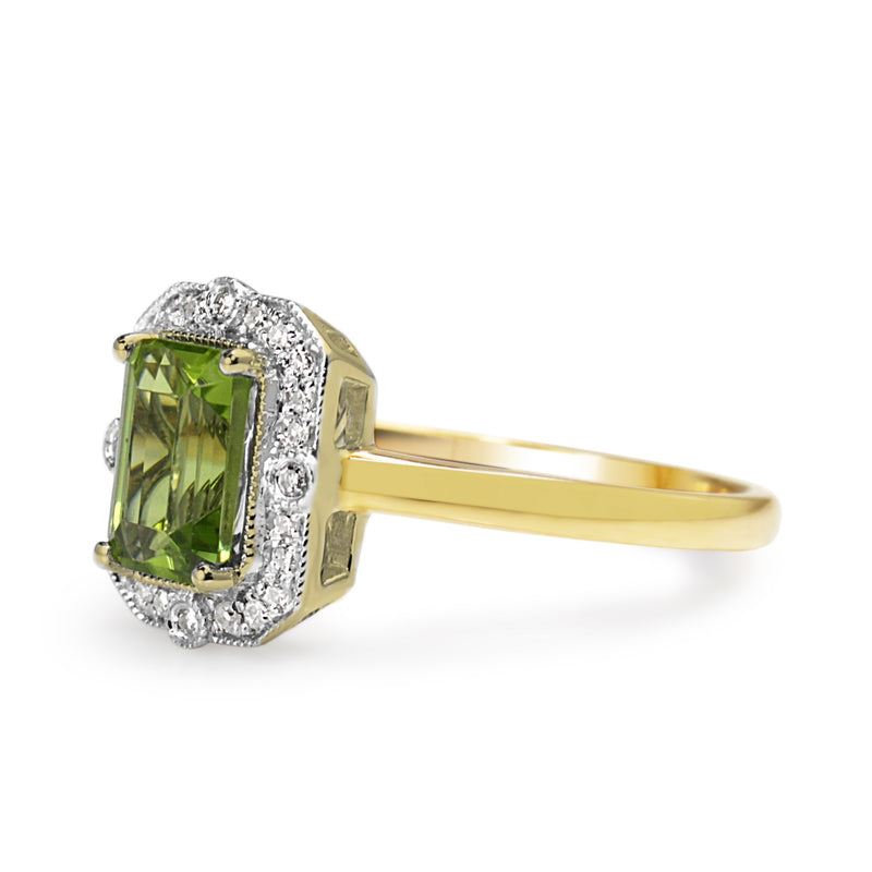 9ct Yellow and White Gold Deco Style Peridot and Diamond Halo Ring