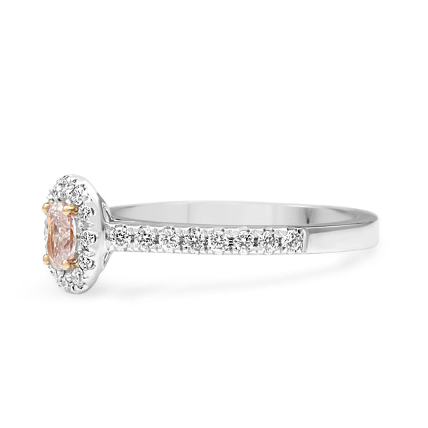 18ct White and Rose Gold Oval Pink Diamond Halo Ring