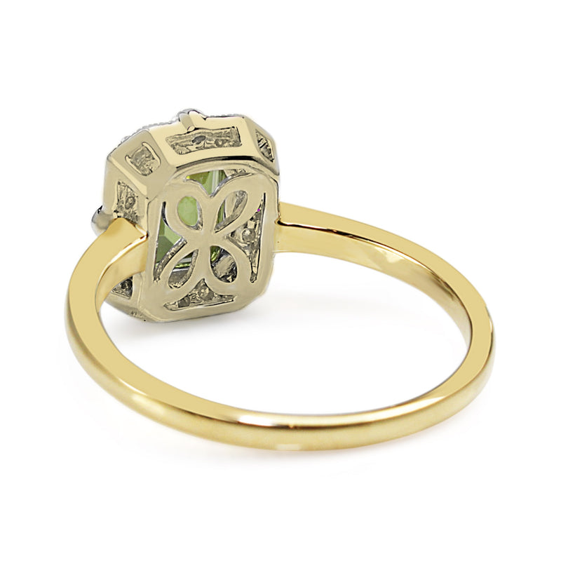 9ct Yellow and White Gold Deco Style Peridot and Diamond Halo Ring