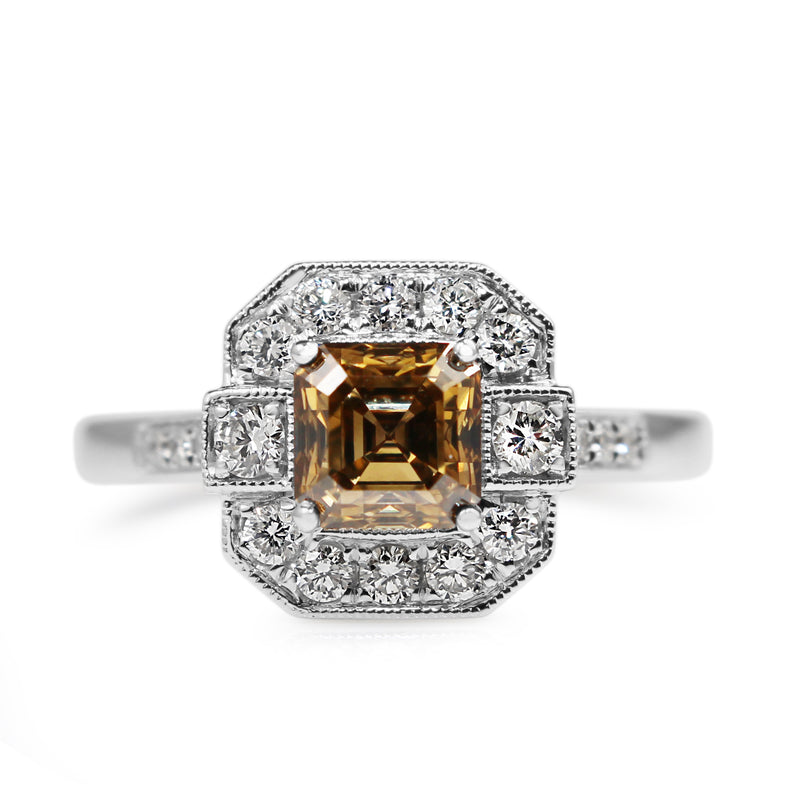 18ct White Gold Champagne Asscher Deco Style Halo Ring
