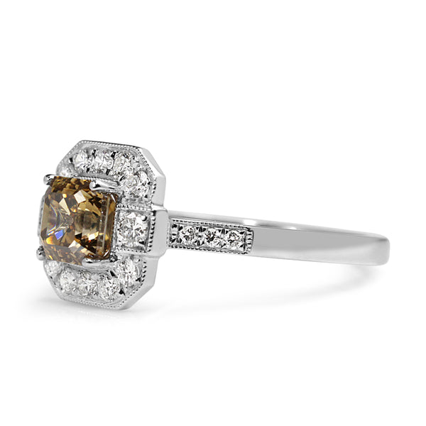 18ct White Gold Champagne Asscher Deco Style Halo Ring