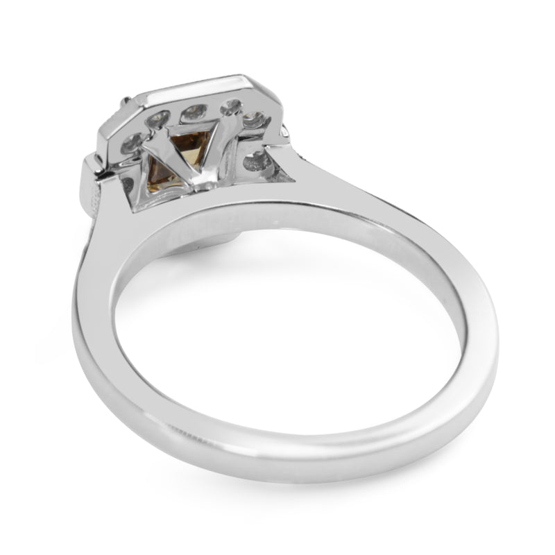 18ct White Gold Champagne Asscher Deco Style Halo Ring