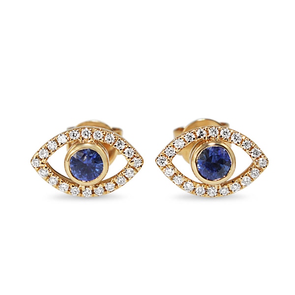 18ct Yellow Gold Sapphire and Diamond Evil Eye Stud Earrings