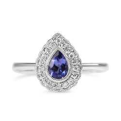 9ct White Gold Pear Tanzanite and Diamond Halo Ring