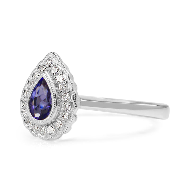 9ct White Gold Pear Tanzanite and Diamond Halo Ring