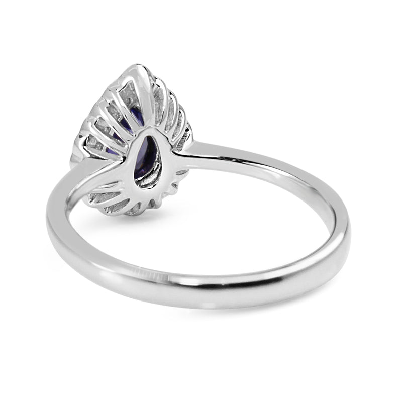 9ct White Gold Pear Tanzanite and Diamond Halo Ring