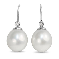 18ct White Gold 15mm South Sea Pearl and Diamond Drop Earrings