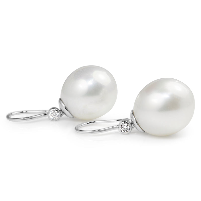 18ct White Gold 15mm South Sea Pearl and Diamond Drop Earrings