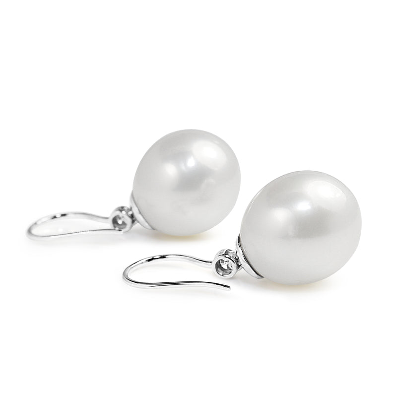 18ct White Gold 15mm South Sea Pearl and Diamond Drop Earrings