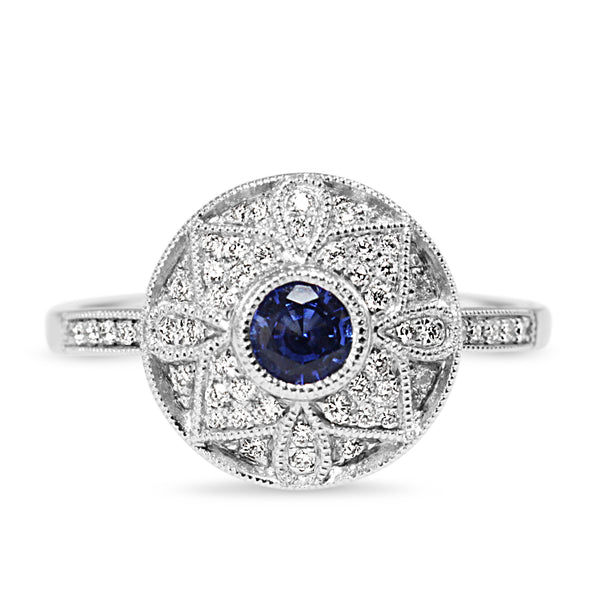 18ct White Gold Sapphire and Diamond Deco Style Ring