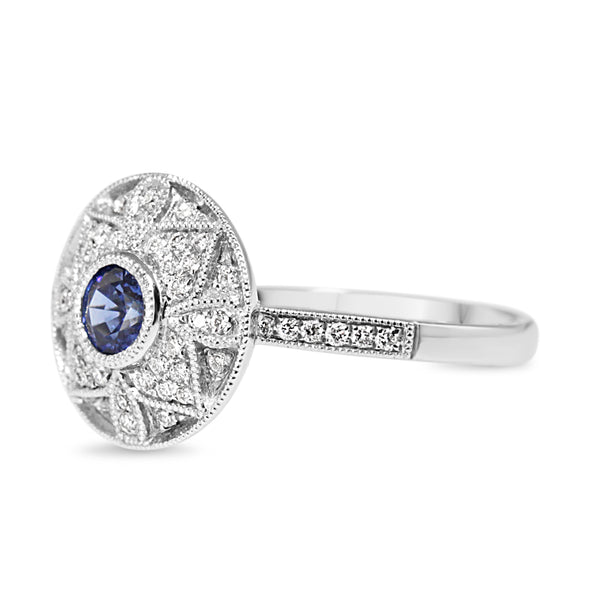 18ct White Gold Sapphire and Diamond Deco Style Ring