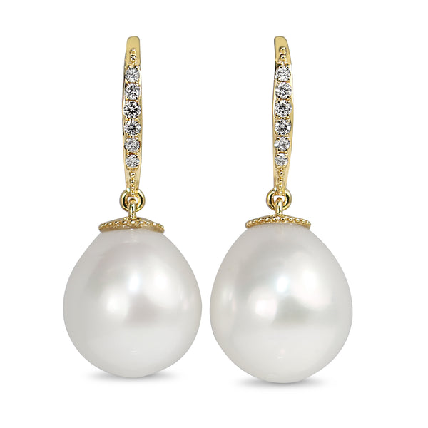 18ct Yellow Gold 13.5mm South Sea Pearl and Diamond Earrings