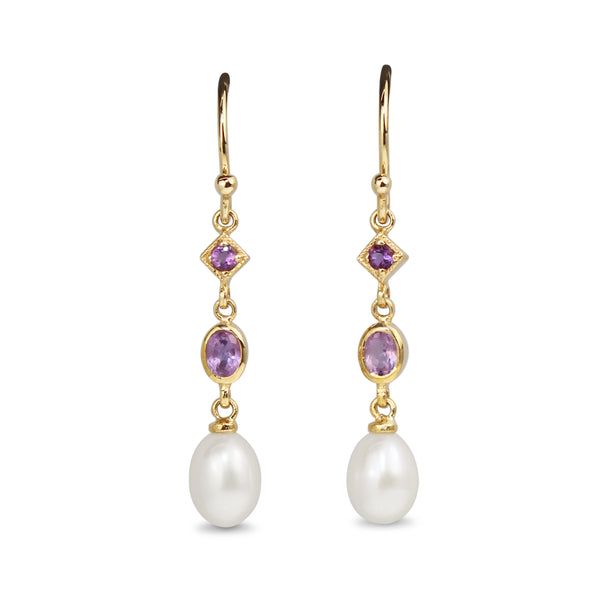 9ct Yellow Gold Amethyst and Pearl Drop Earrings