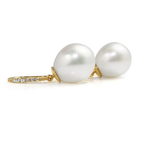 18ct Yellow Gold 13.5mm South Sea Pearl and Diamond Earrings
