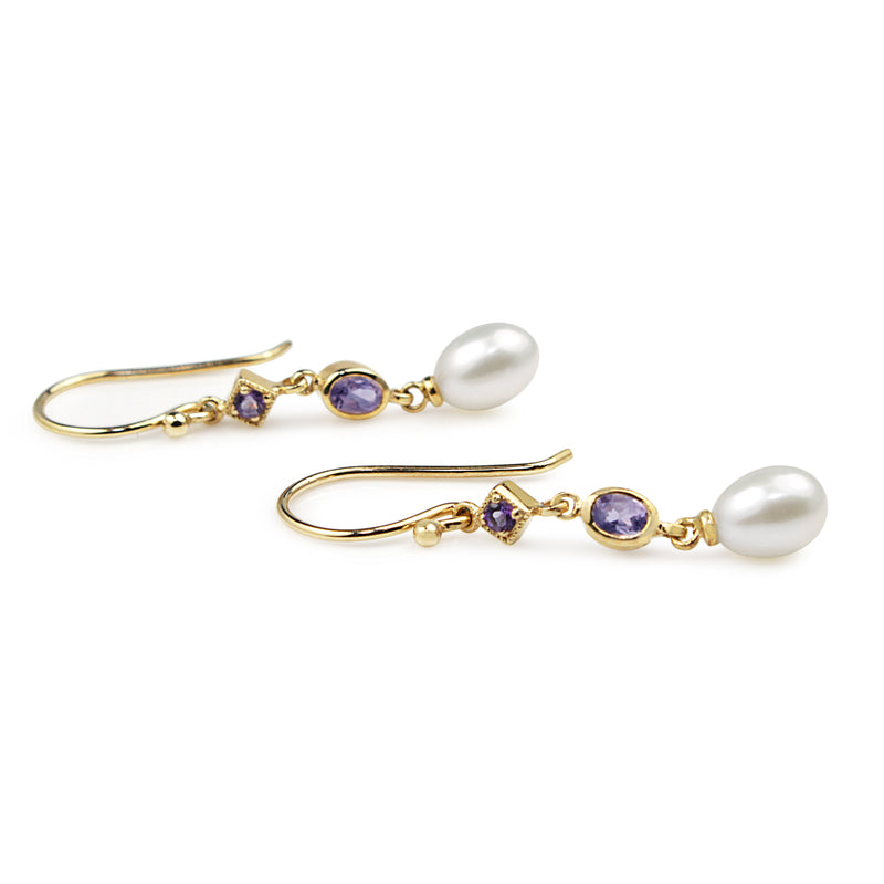 9ct Yellow Gold Amethyst and Pearl Drop Earrings