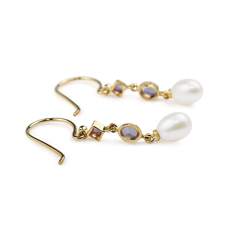 9ct Yellow Gold Amethyst and Pearl Drop Earrings