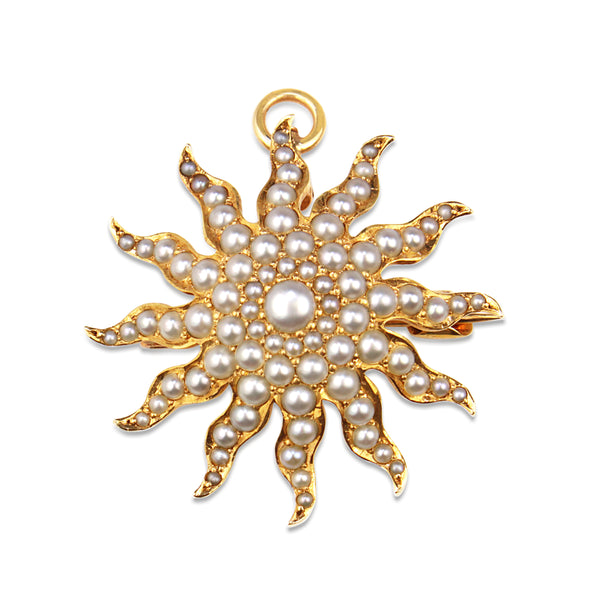 15ct Yellow Gold Antique Seed Pearl Star Burst Brooch / Pendant