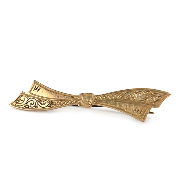 9ct Gold Vintage Etched Bow Brooch