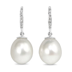 18ct White Gold 13mm South Sea Pearl and Diamond Drop Earrings