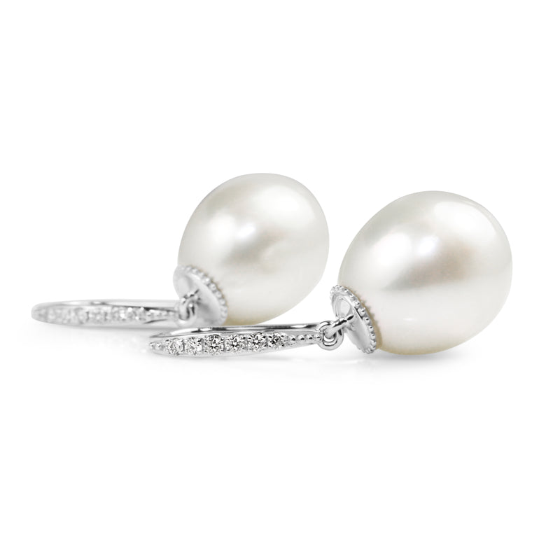 18ct White Gold 13mm South Sea Pearl and Diamond Drop Earrings
