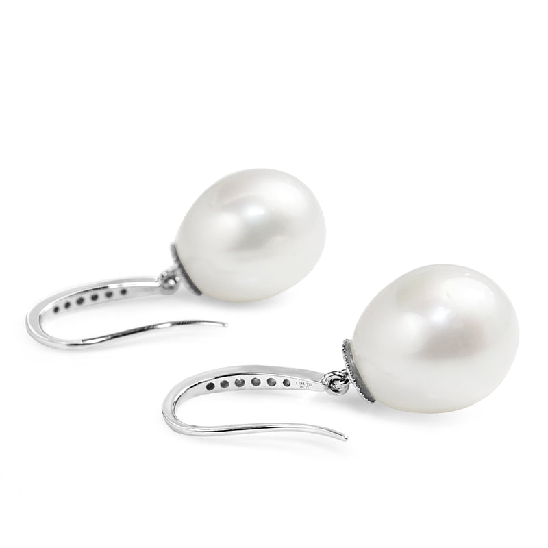 18ct White Gold 13mm South Sea Pearl and Diamond Drop Earrings